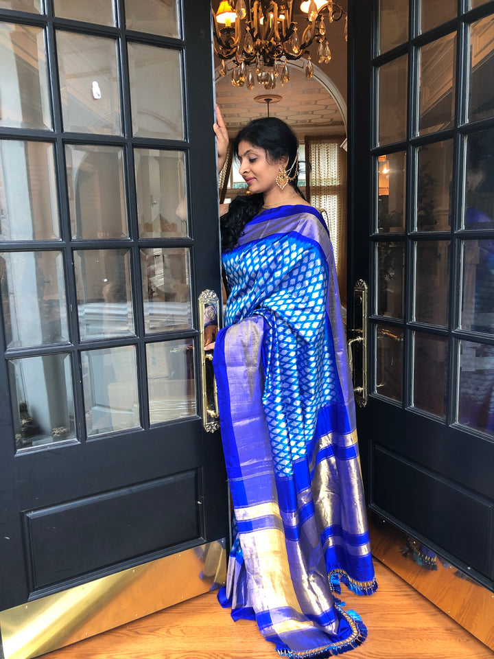 Pre Order : Cobalt Blue Ikkat Pure SIlk Saree with Tissue Zari Border I SILK MARK CERTIFIED