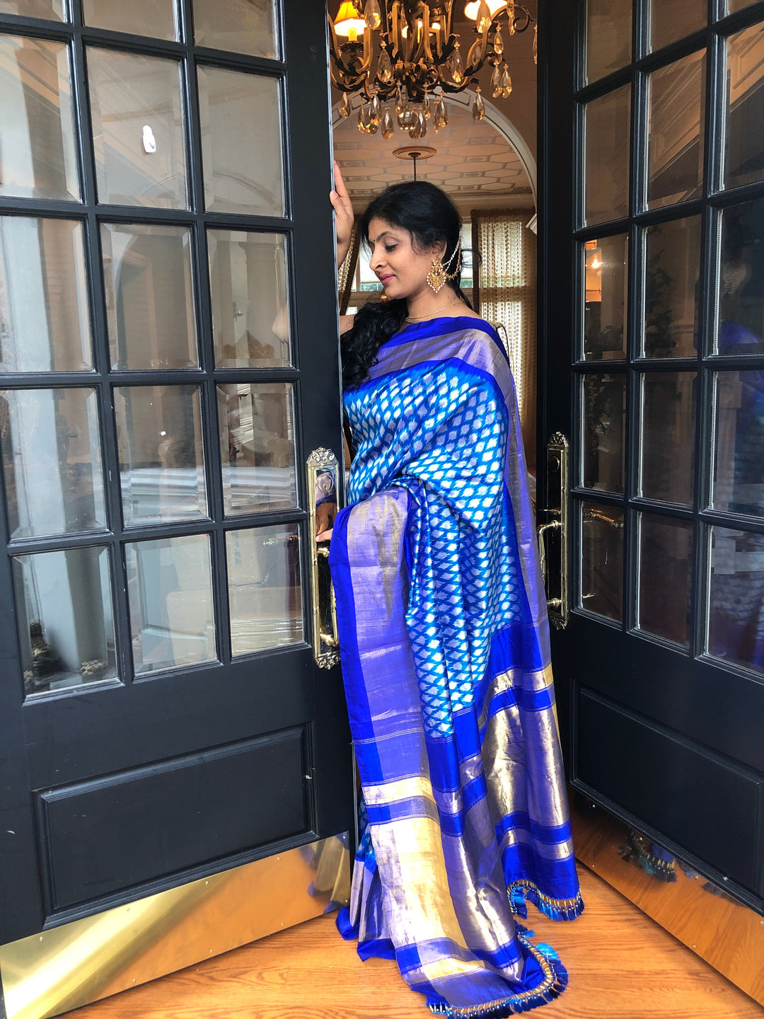 Pre Order : Cobalt Blue Ikkat Pure SIlk Saree with Tissue Zari Border I SILK MARK CERTIFIED