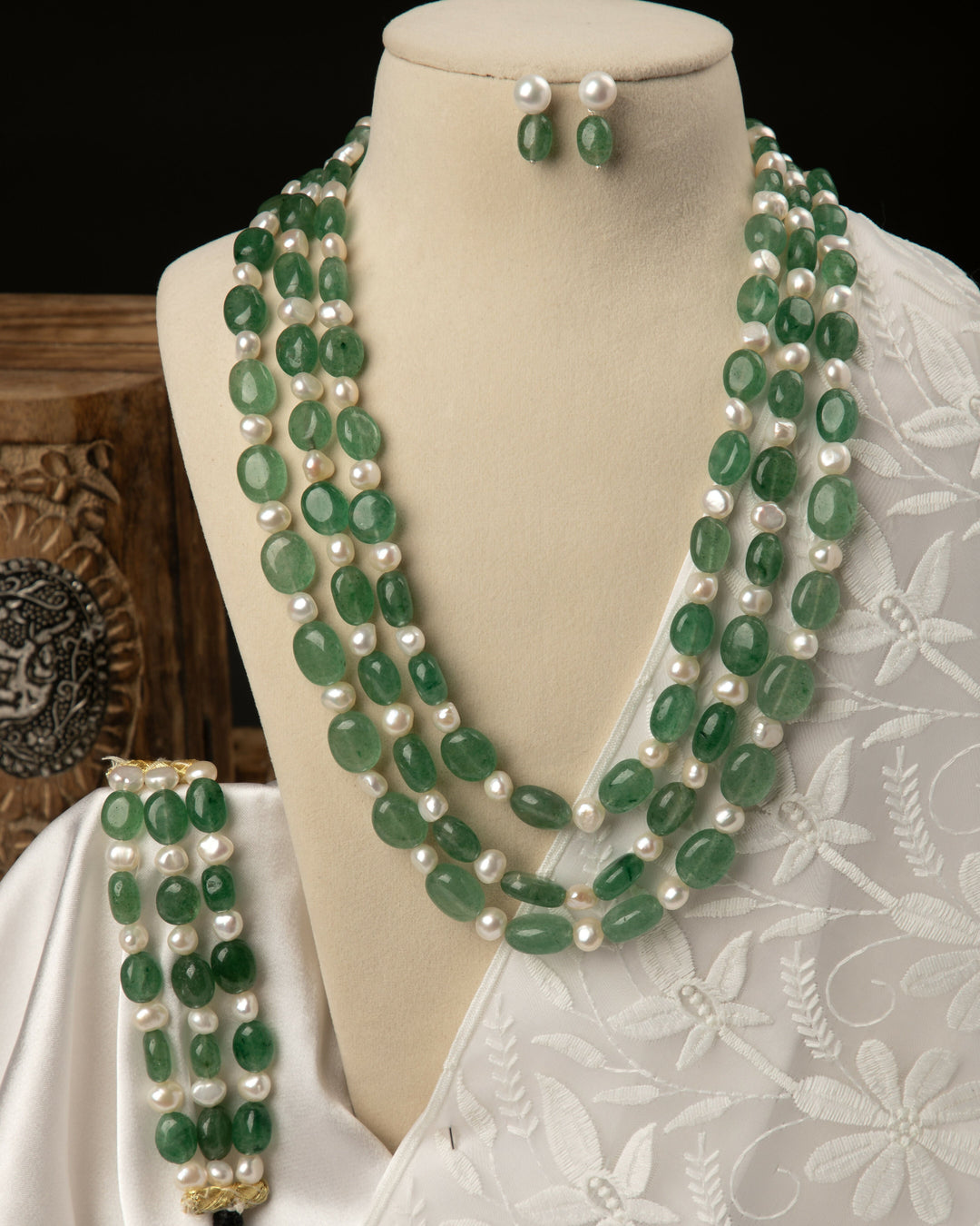 Vasundhara: Green Aventurine Mala with Earrings and Bracelet | SHOBITAM