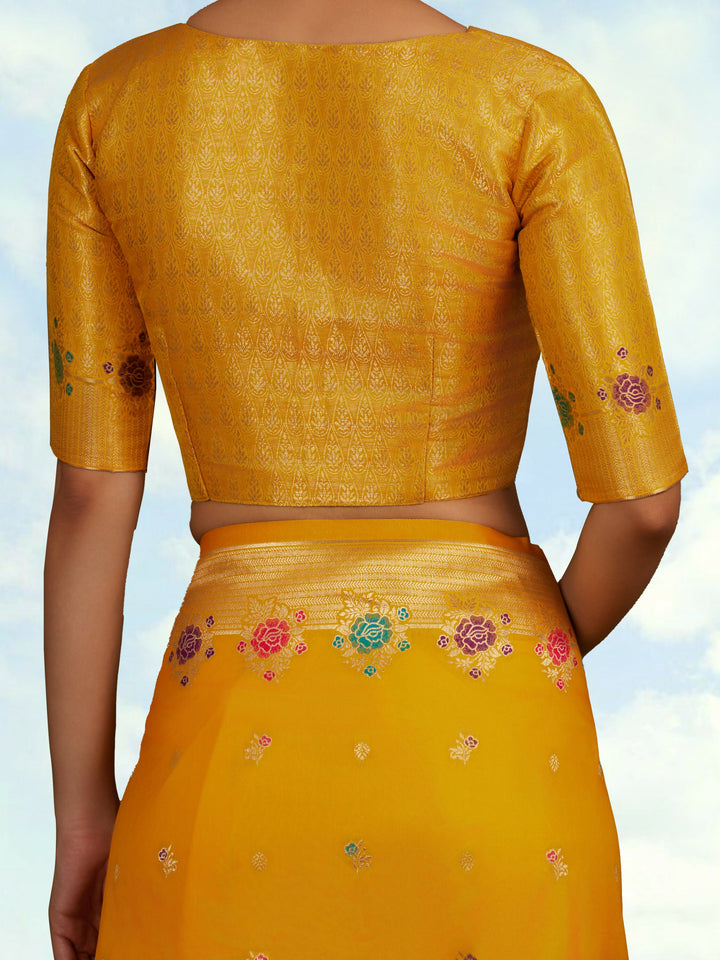 Yellow Semi Banarasi Silk Blend Saree With Zari Woven Work | SHOBITAM