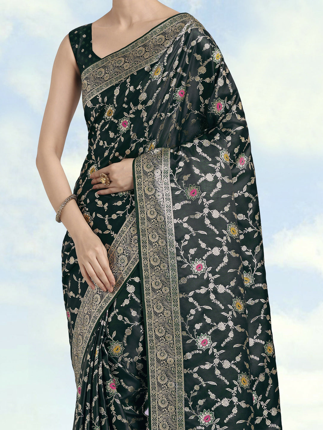 Dark Green Zari Woven Banarasi Satin Silk Saree | SHOBITAM