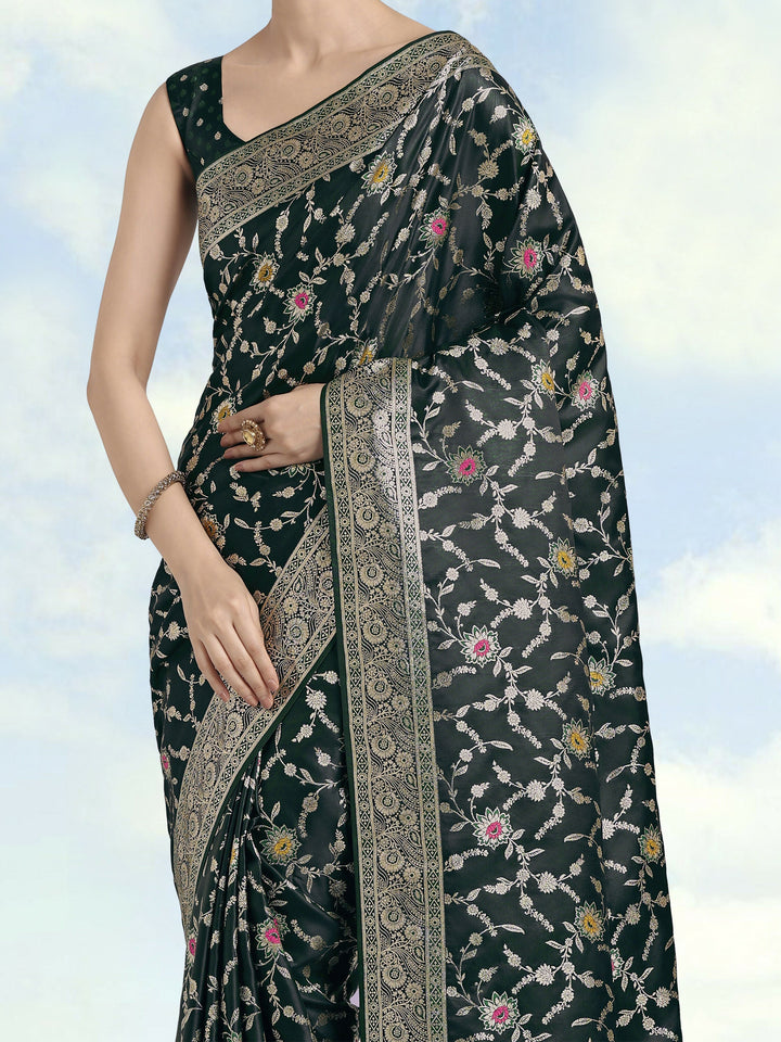 Dark Green Zari Woven Banarasi Satin Silk Saree | SHOBITAM