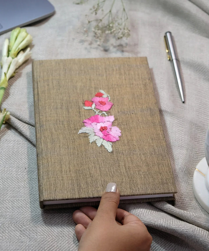 Brown Floral Handloom Cotton Hand Embroidered Diary with Handmade Paper | SHOBITAM