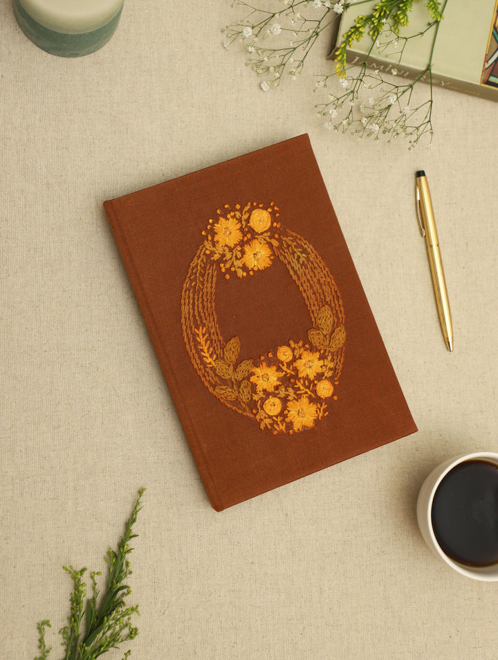 Wood Free, Cotton Paper Brown Oval Hand Embroidered Diary with Handmade Paper,100 Pages