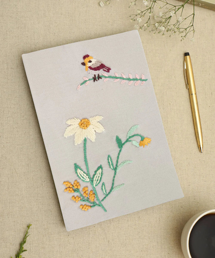 Beige (Natural) Cotton Hand Embroidered Diary (Handmade Paper) | SHOBITAM