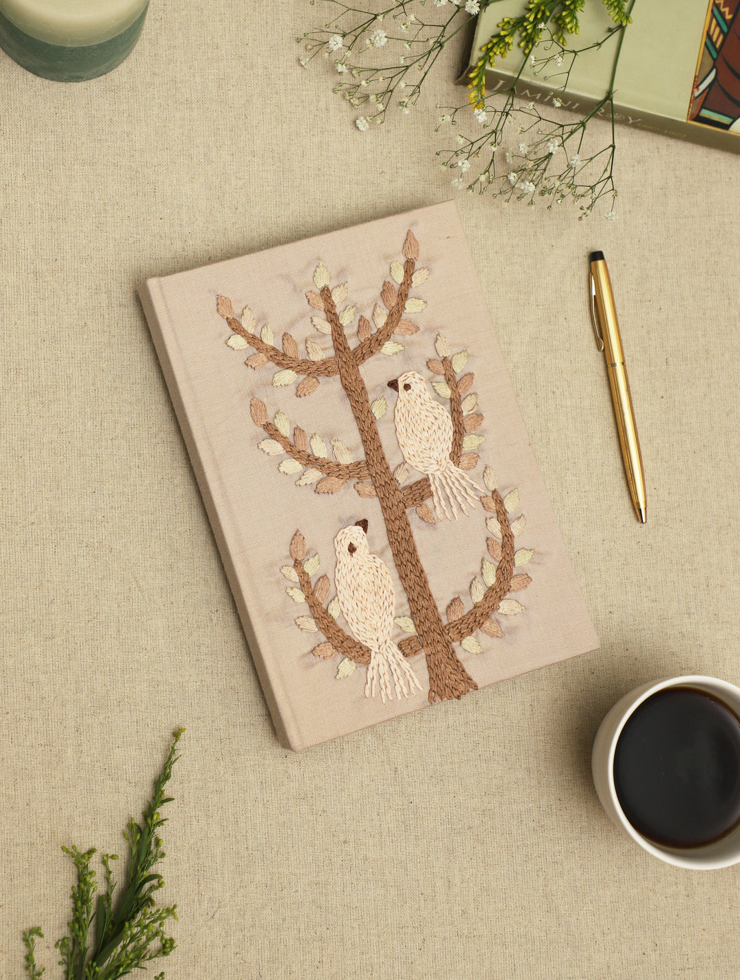 Wood Free, Cotton Paper Natural Beige Hand Embroidered Diary with Handmade Paper,100 Pages
