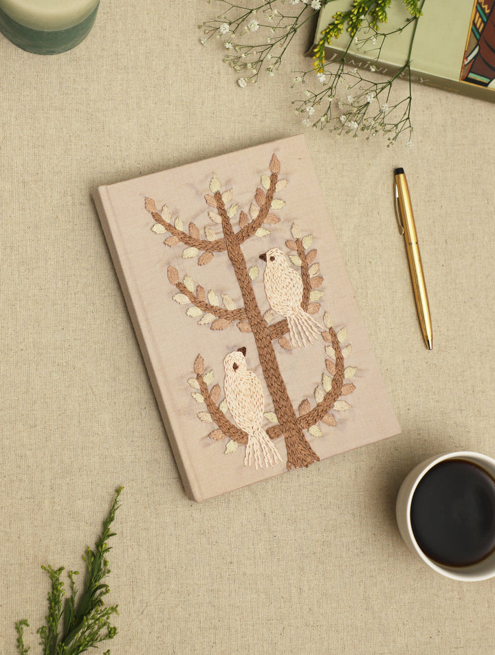Wood Free, Cotton Paper Natural Beige Hand Embroidered Diary with Handmade Paper,100 Pages