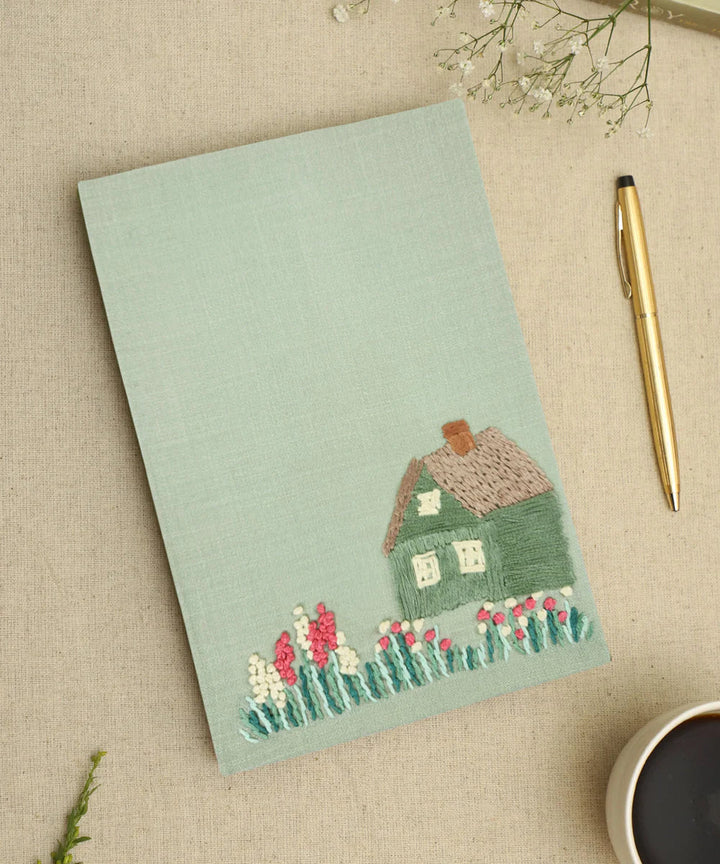 Sage Green Cotton Hand Embroidered Diary (Handmade Paper) | SHOBITAM
