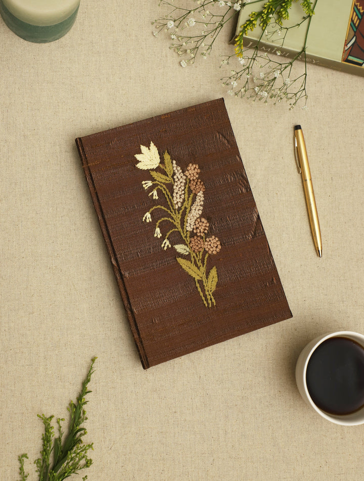 Wood Free, Cotton based Dark Brown Floral Hand Embroidered Diary with Handmade Paper,100 Pages