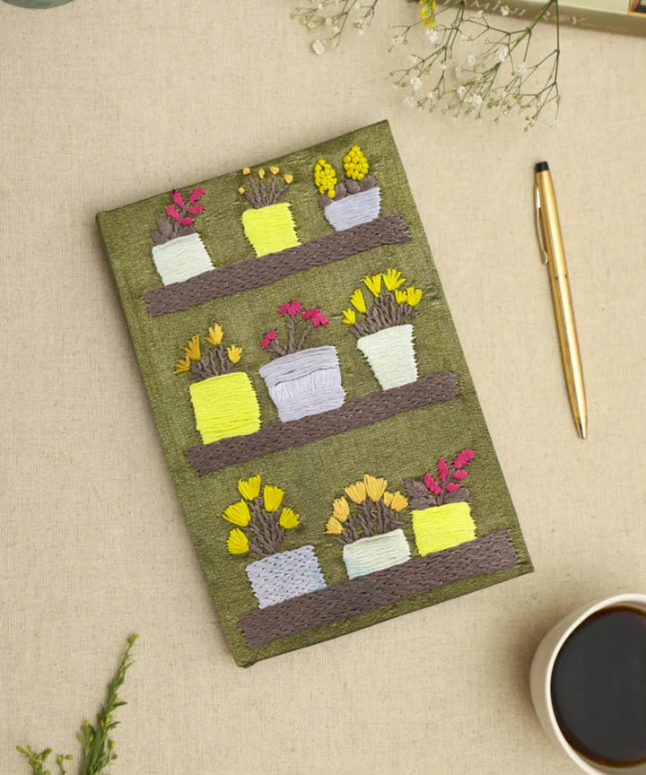 Olive Green Dupion Flower Pot Hand Embroidered Diary | Handmade Cotton Paper | SHOBITAM