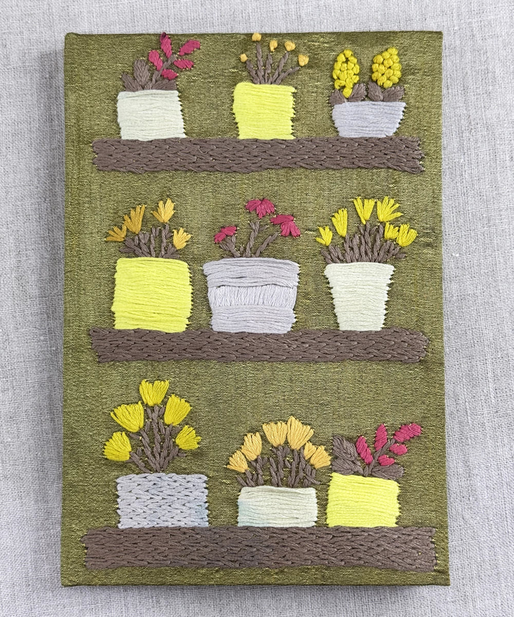 Olive Green Dupion Flower Pot Hand Embroidered Diary | Handmade Cotton Paper | SHOBITAM