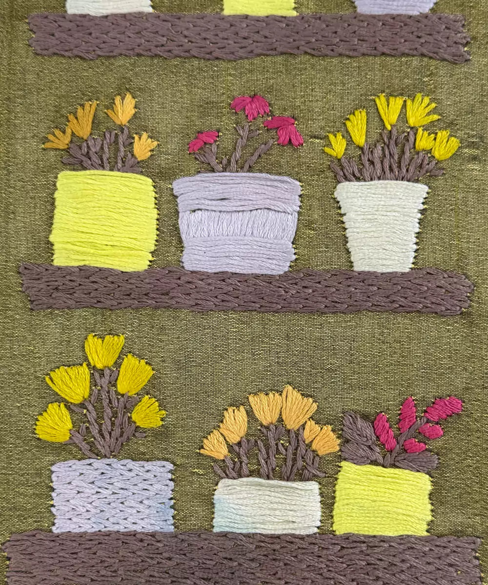 Olive Green Dupion Flower Pot Hand Embroidered Diary | Handmade Cotton Paper | SHOBITAM