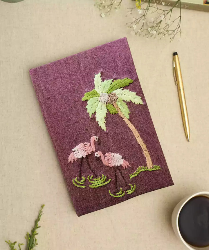 Flamingo Garden Hand Embroidered Diary | Handmade Cotton Paper | SHOBITAM