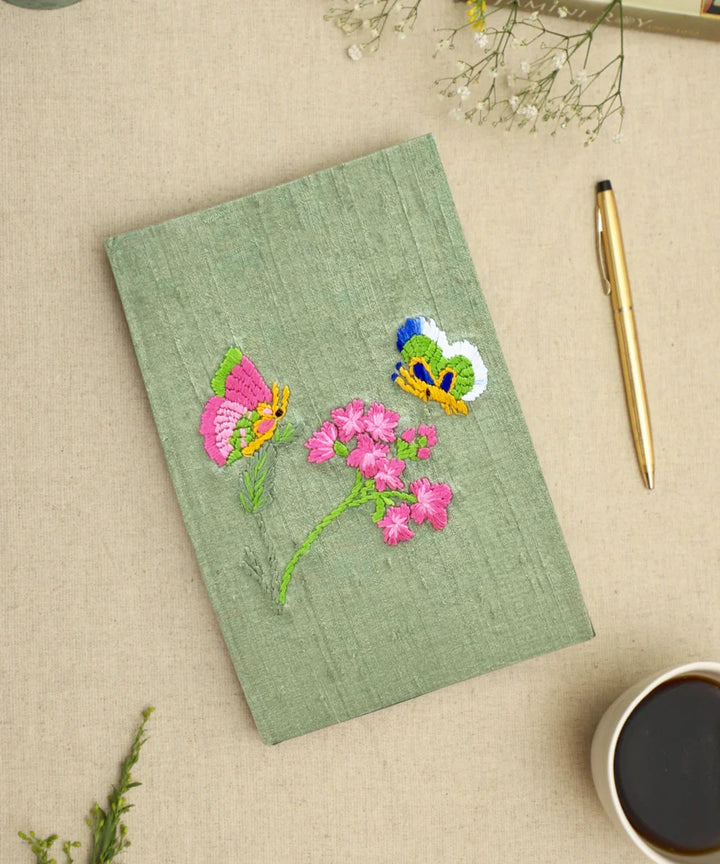 Sage Green Silk Blend Hand Embroidered Diary (Handmade Paper) | SHOBITAM
