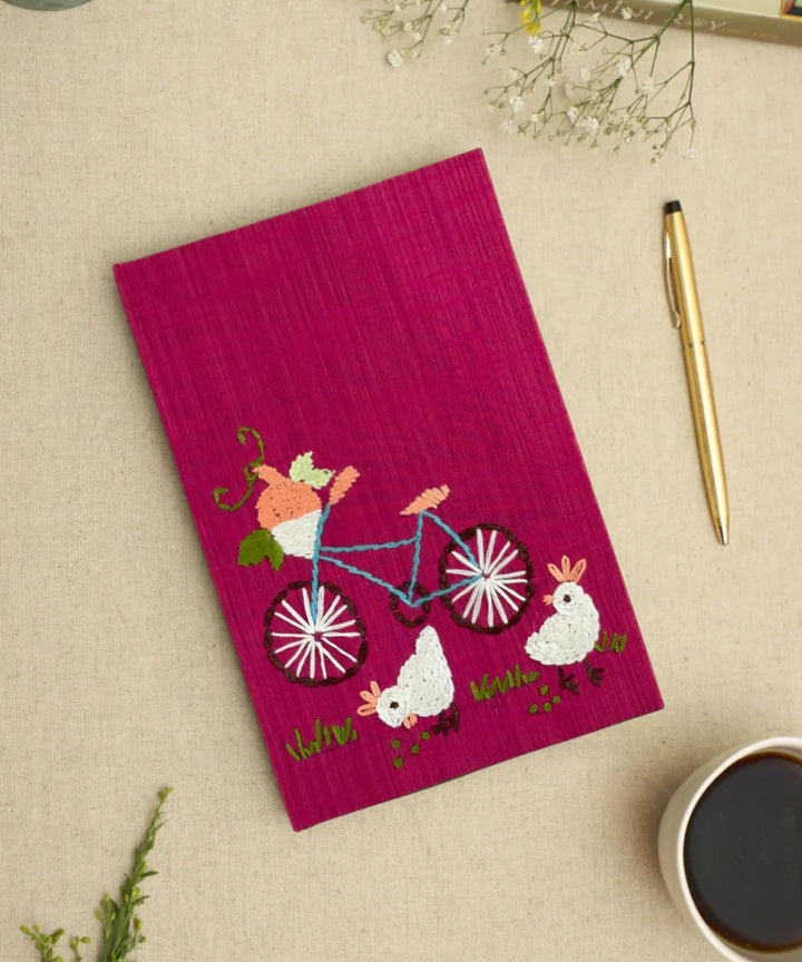 Deep Coral Red Dupion Hand Embroidered Diary {Handmade Paper) | SHOBITAM