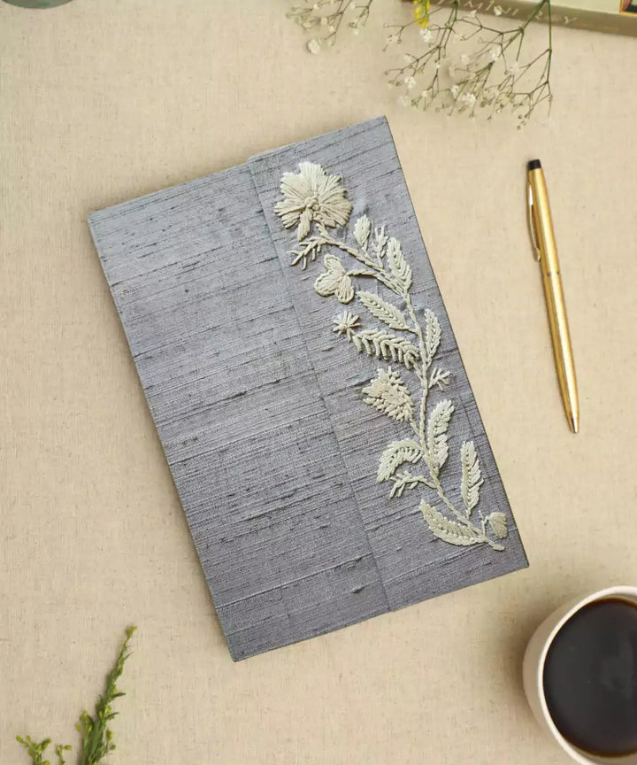Grey Floral Flap Hand Embroidered Diary | Handmade Cotton Paper | SHOBITAM