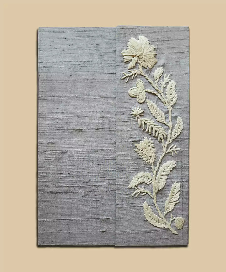 Grey Floral Flap Hand Embroidered Diary | Handmade Cotton Paper | SHOBITAM