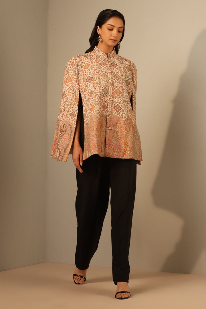 Off White Brocade Fine Wool Silk Cape | Made To Order