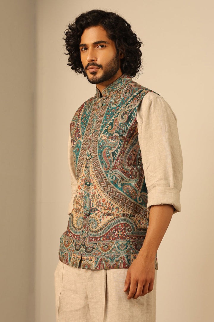 Green Fine Wool Silk Waist Coat for Men | Made To Order