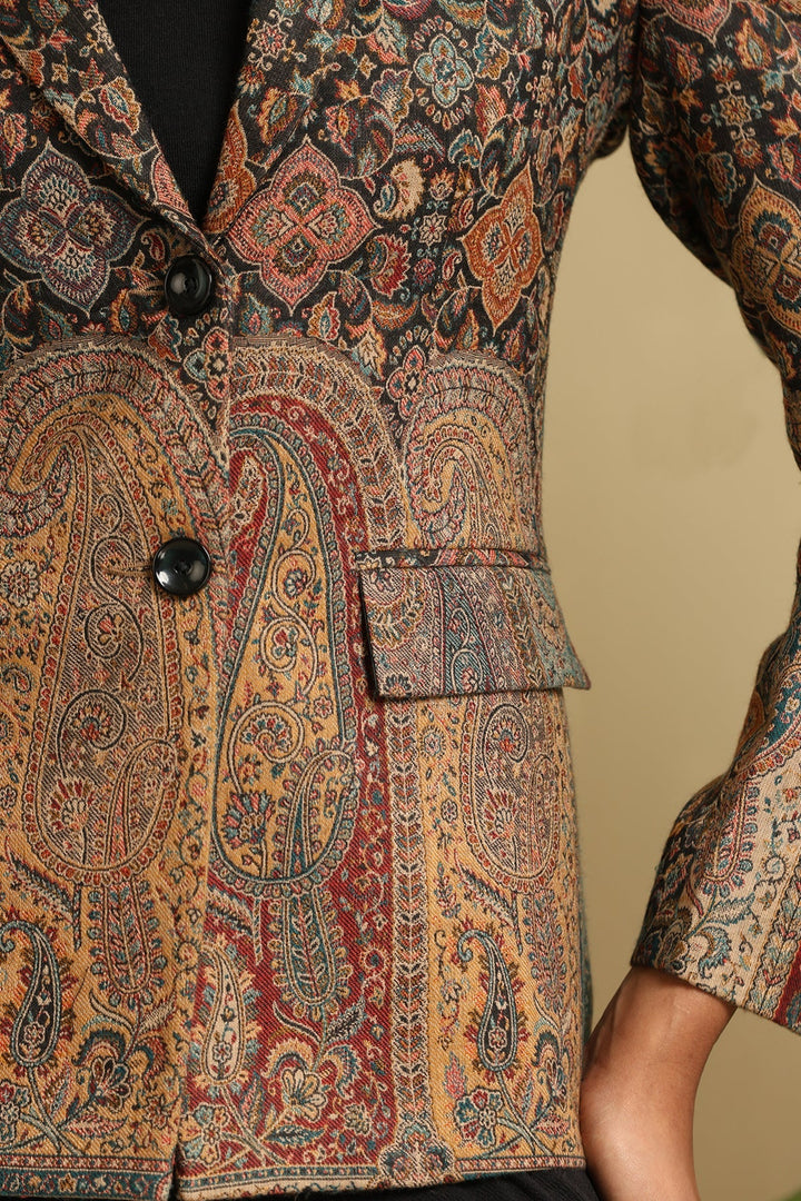 Multicolor Fine Wool Silk Full Jacket for Women with Paisley Design | Made To Order