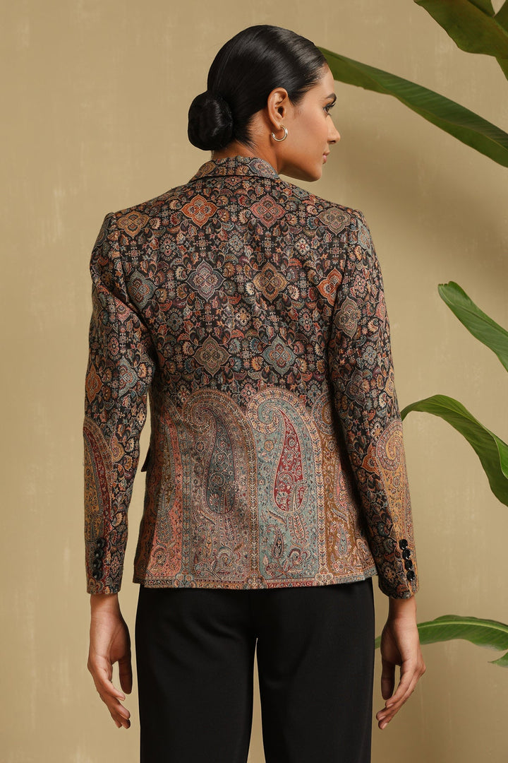 Multicolor Fine Wool Silk Full Jacket for Women with Paisley Design | Made To Order