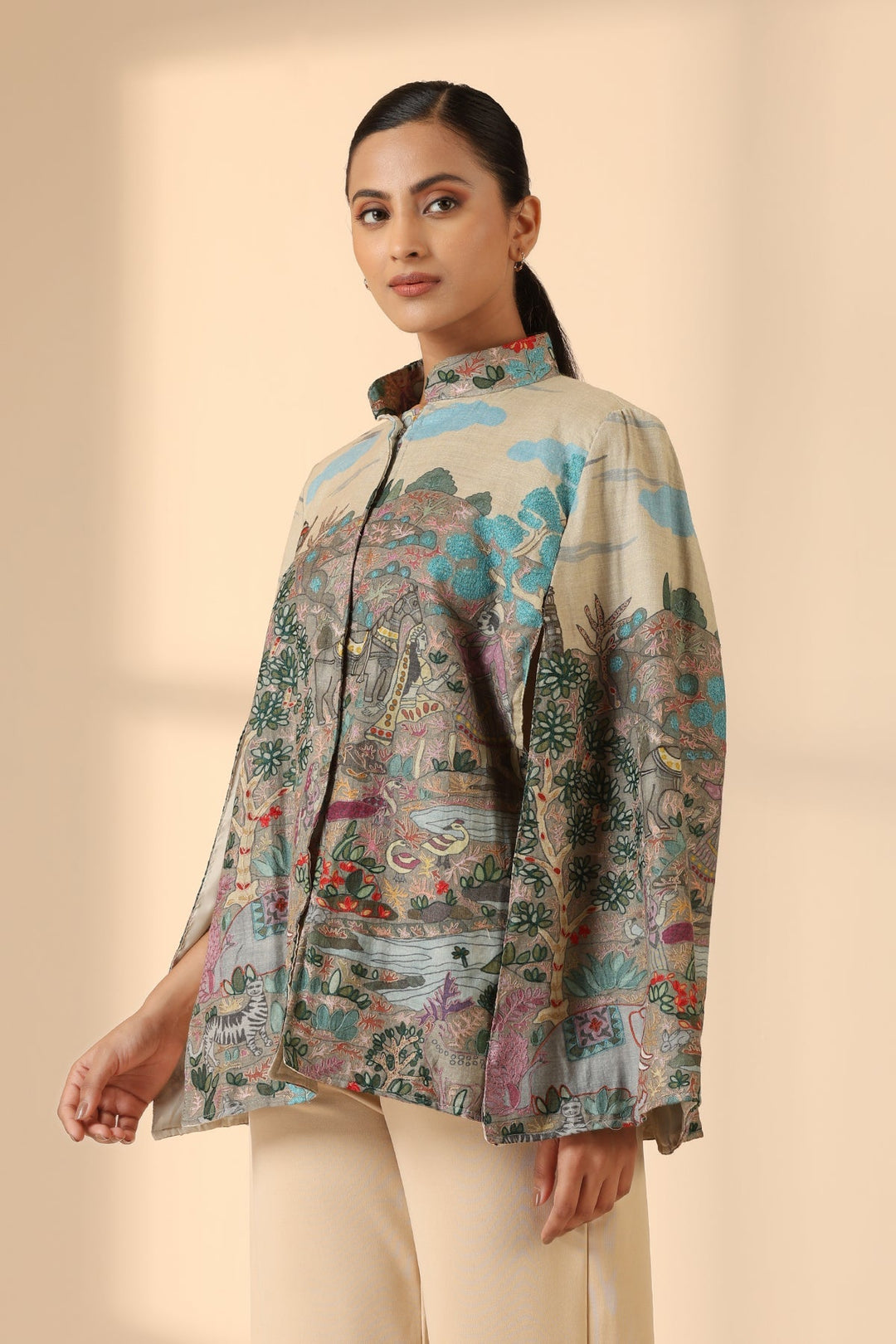 Roxane Fine Wool Silk Kalamkari Cape | SHOBITAM