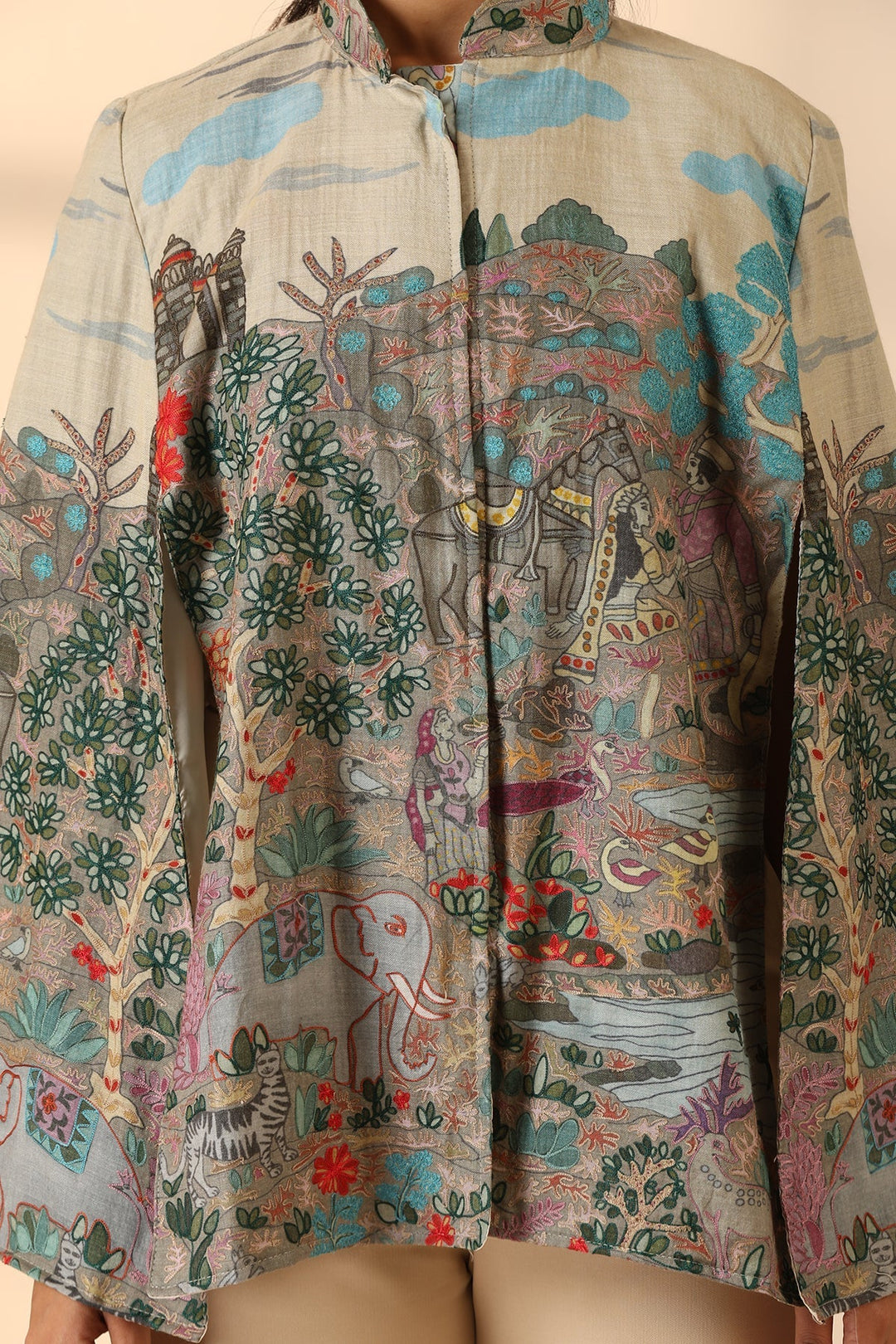 Roxane Fine Wool Silk Kalamkari Cape | SHOBITAM