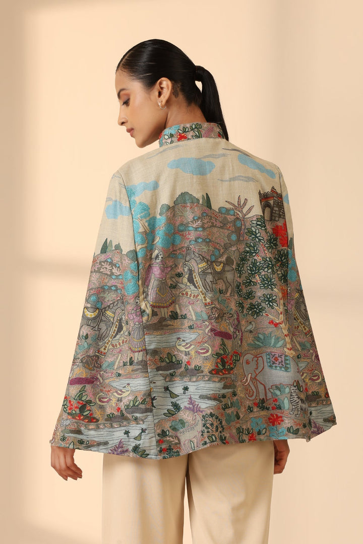 Roxane Fine Wool Silk Kalamkari Cape | SHOBITAM