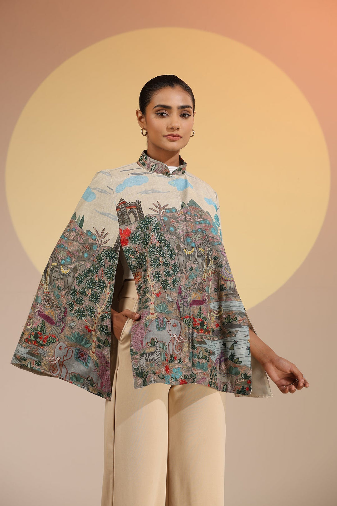 Roxane Fine Wool Silk Kalamkari Cape | SHOBITAM