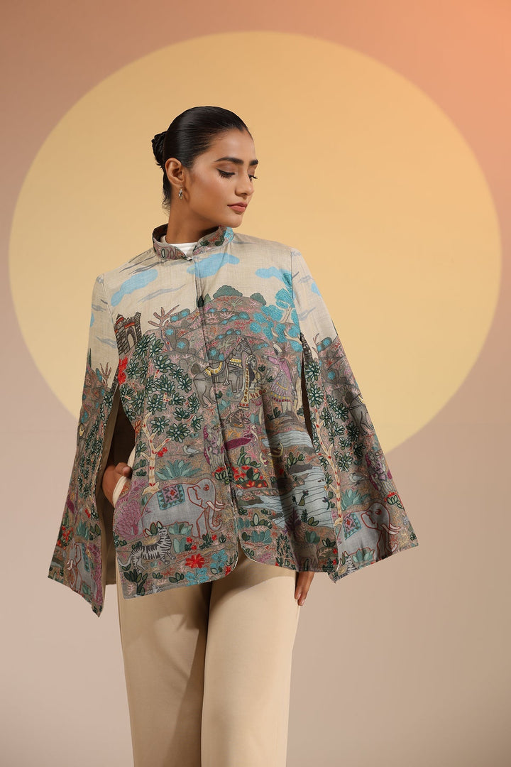 Roxane Fine Wool Silk Kalamkari Cape | SHOBITAM