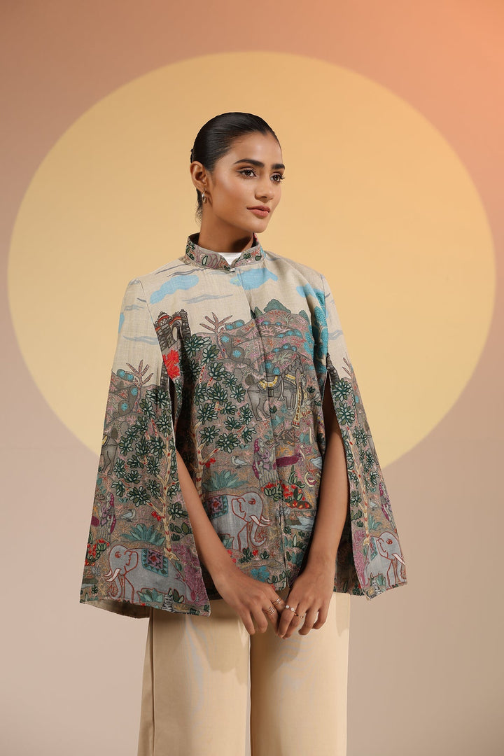 Roxane Fine Wool Silk Kalamkari Cape | SHOBITAM