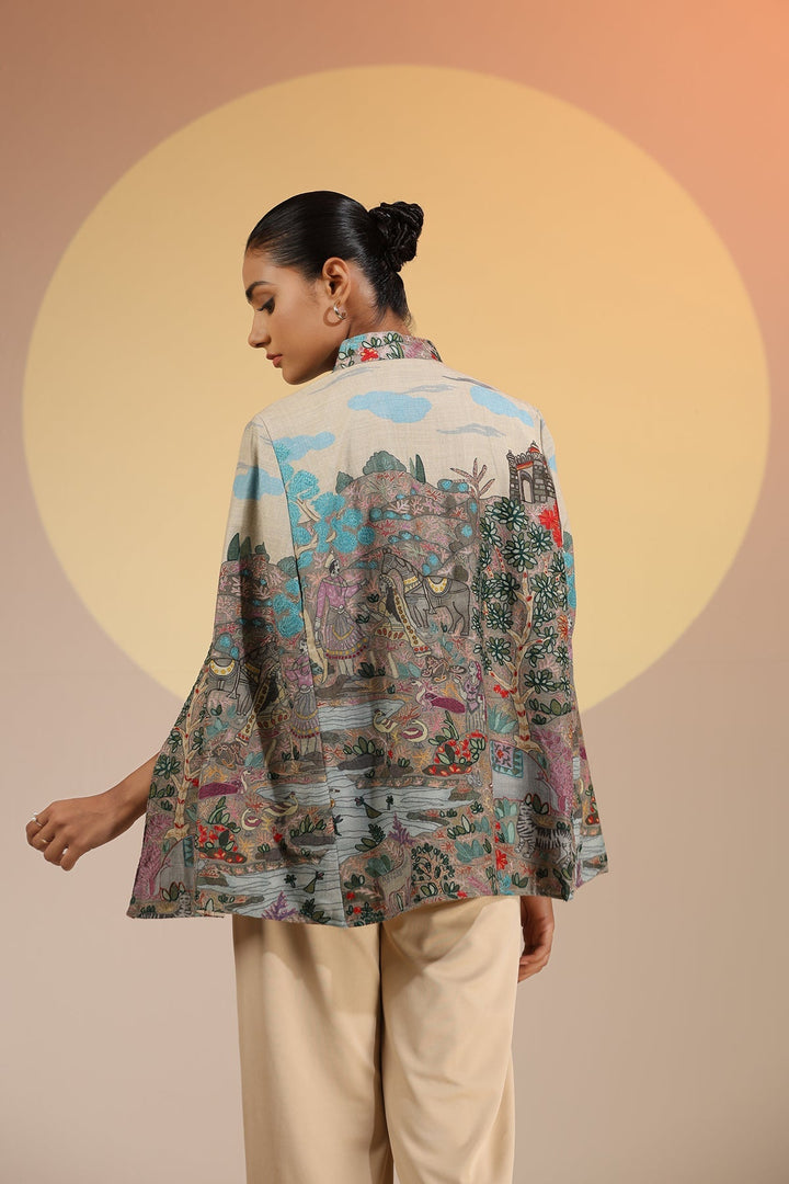 Roxane Fine Wool Silk Kalamkari Cape | SHOBITAM