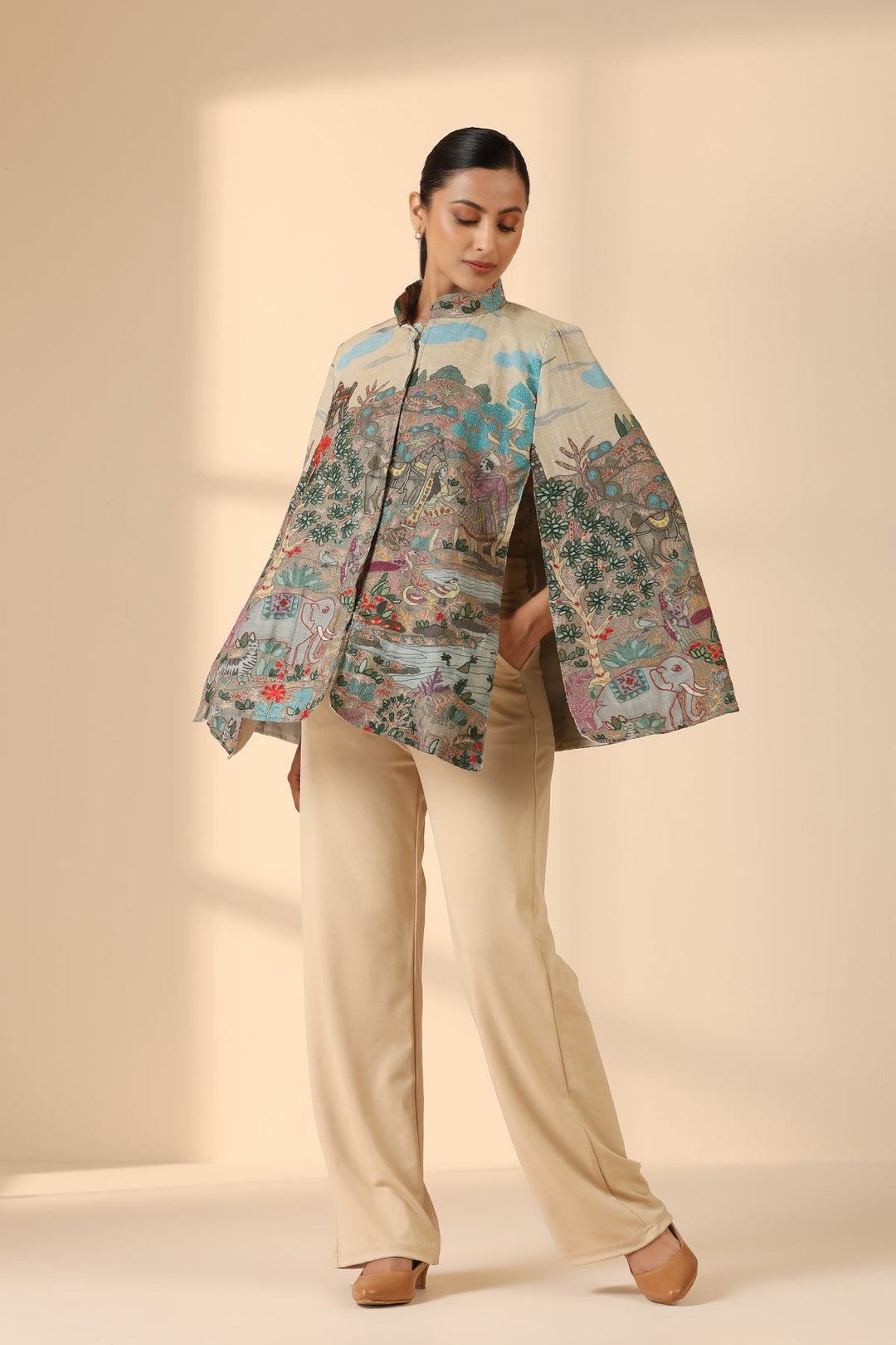 Roxane Fine Wool Silk Kalamkari Cape | SHOBITAM