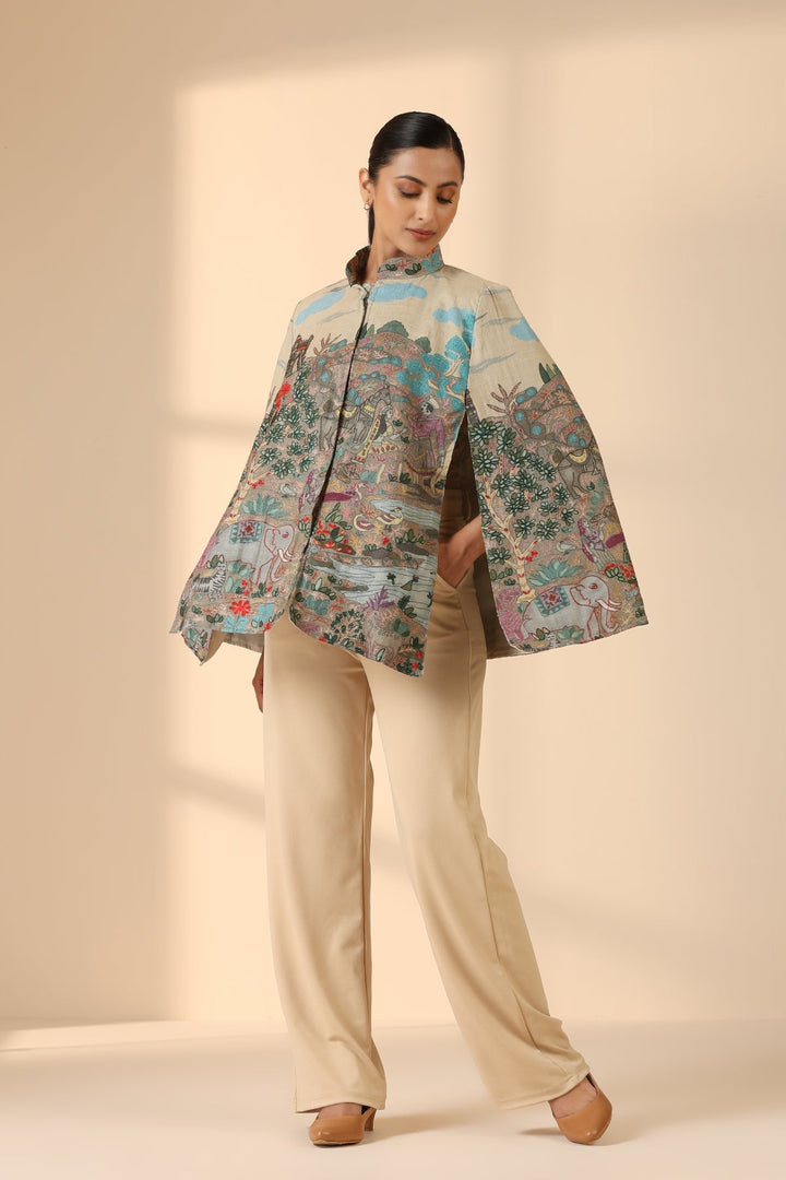 Roxane Fine Wool Silk Kalamkari Cape | SHOBITAM