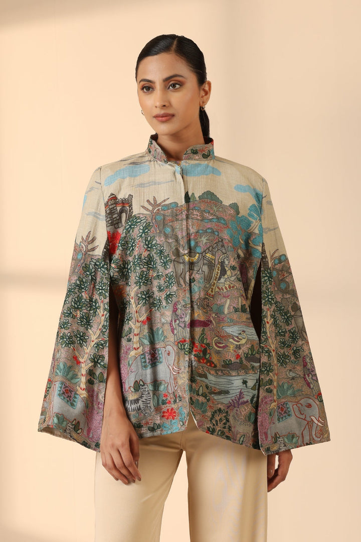 Roxane Fine Wool Silk Kalamkari Cape | SHOBITAM