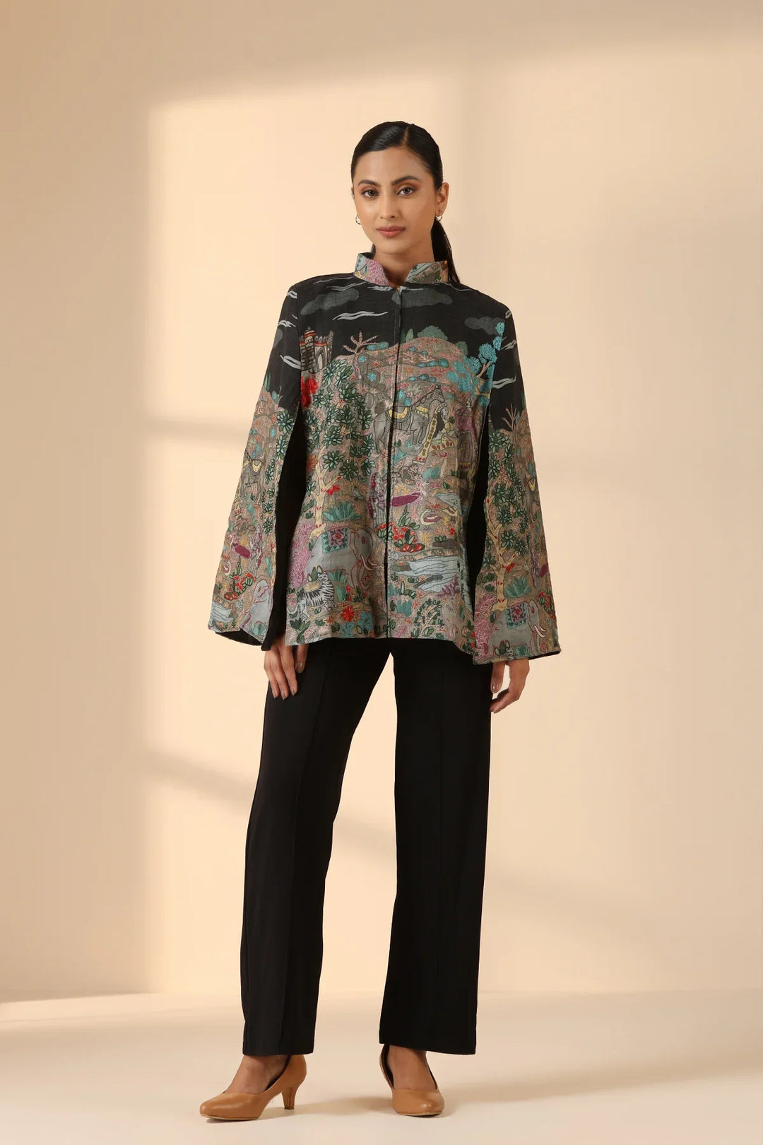 Estelle Fine Wool Silk Kalamkari Cape | Made To Order