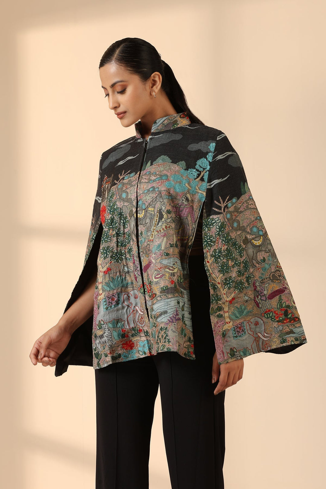 Estelle Fine Wool Silk Kalamkari Cape | SHOBITAM