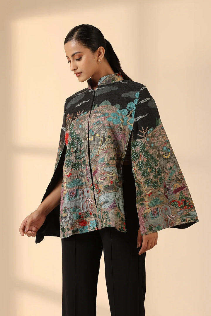 Estelle Fine Wool Silk Kalamkari Cape | Made To Order