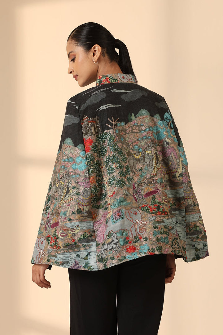 Estelle Fine Wool Silk Kalamkari Cape | SHOBITAM