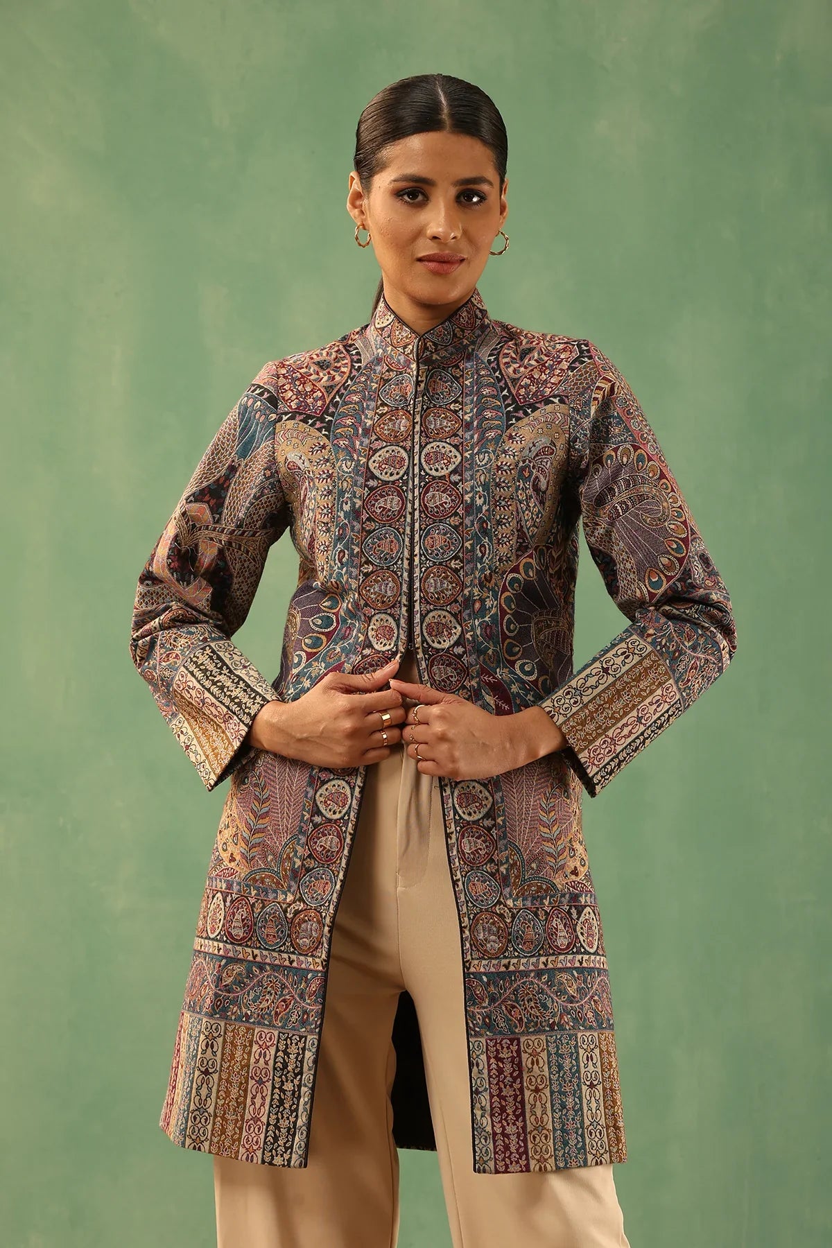 Multicolor Fiza Vintage Fine Wool Silk Jacket for Women | Made To