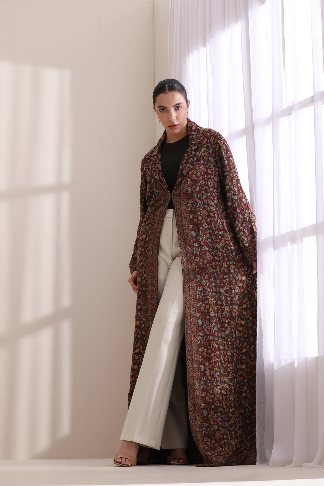 Luxury Brown Kani Woven Long Jacket in Cashmere Fine Wool | Made To Order