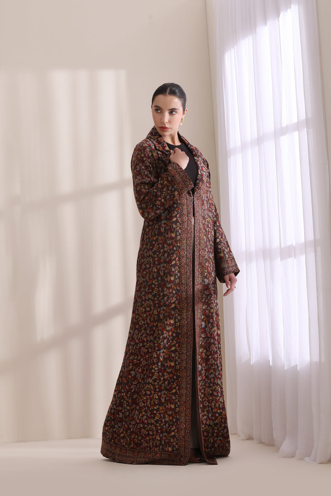 Luxury Brown Kani Woven Long Jacket in Cashmere Fine Wool | Made To Order