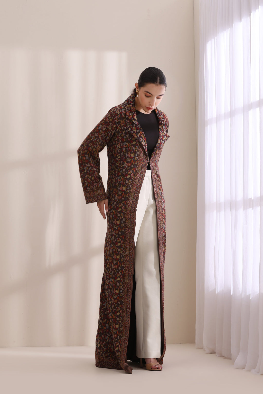 Luxury Brown Kani Woven Long Jacket in Cashmere Fine Wool | Made To Order