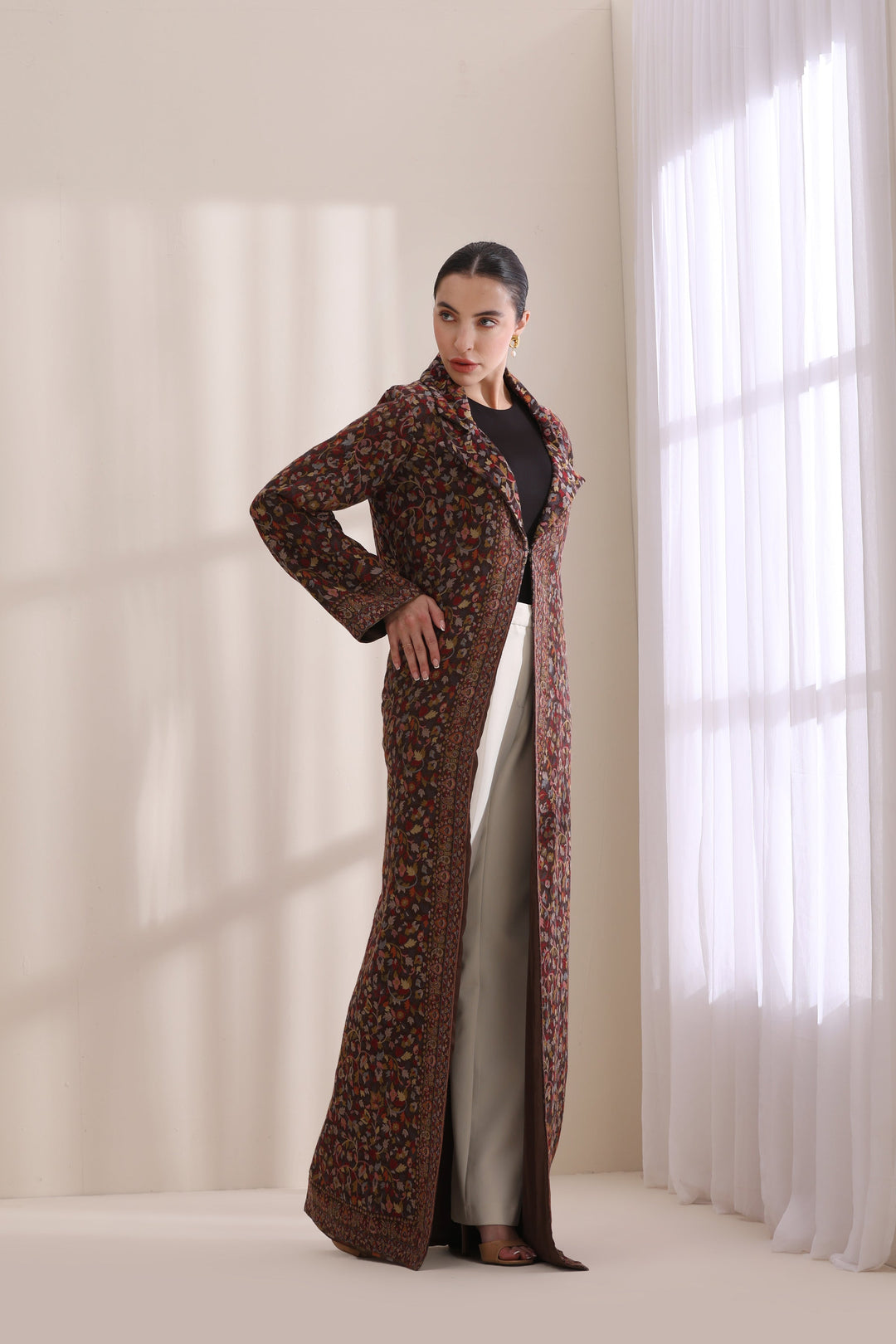 Luxury Brown Kani Woven Long Jacket in Cashmere Fine Wool | Made To Order