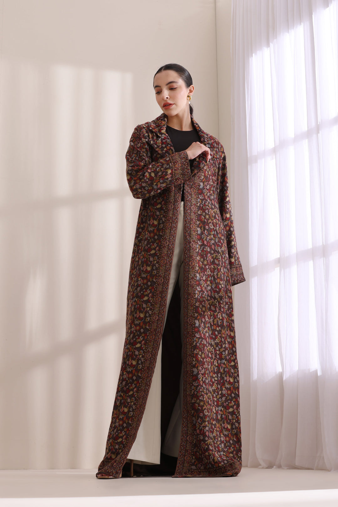 Luxury Brown Kani Woven Long Jacket in Cashmere Fine Wool | Made To Order