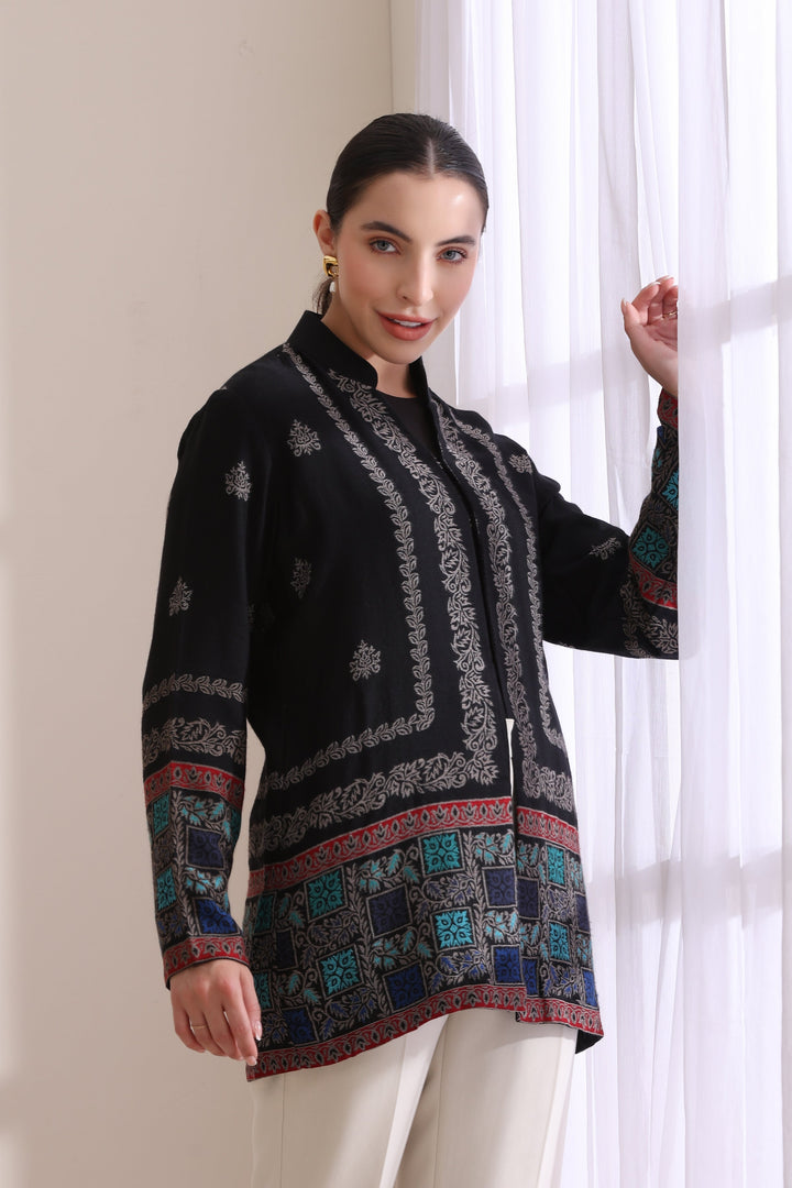 Quinn short jacket in Black Multi Cashmere Fine Wool | Made To Order