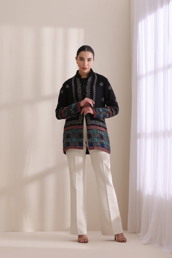 Quinn short jacket in Black Multi Cashmere Fine Wool | Made To Order