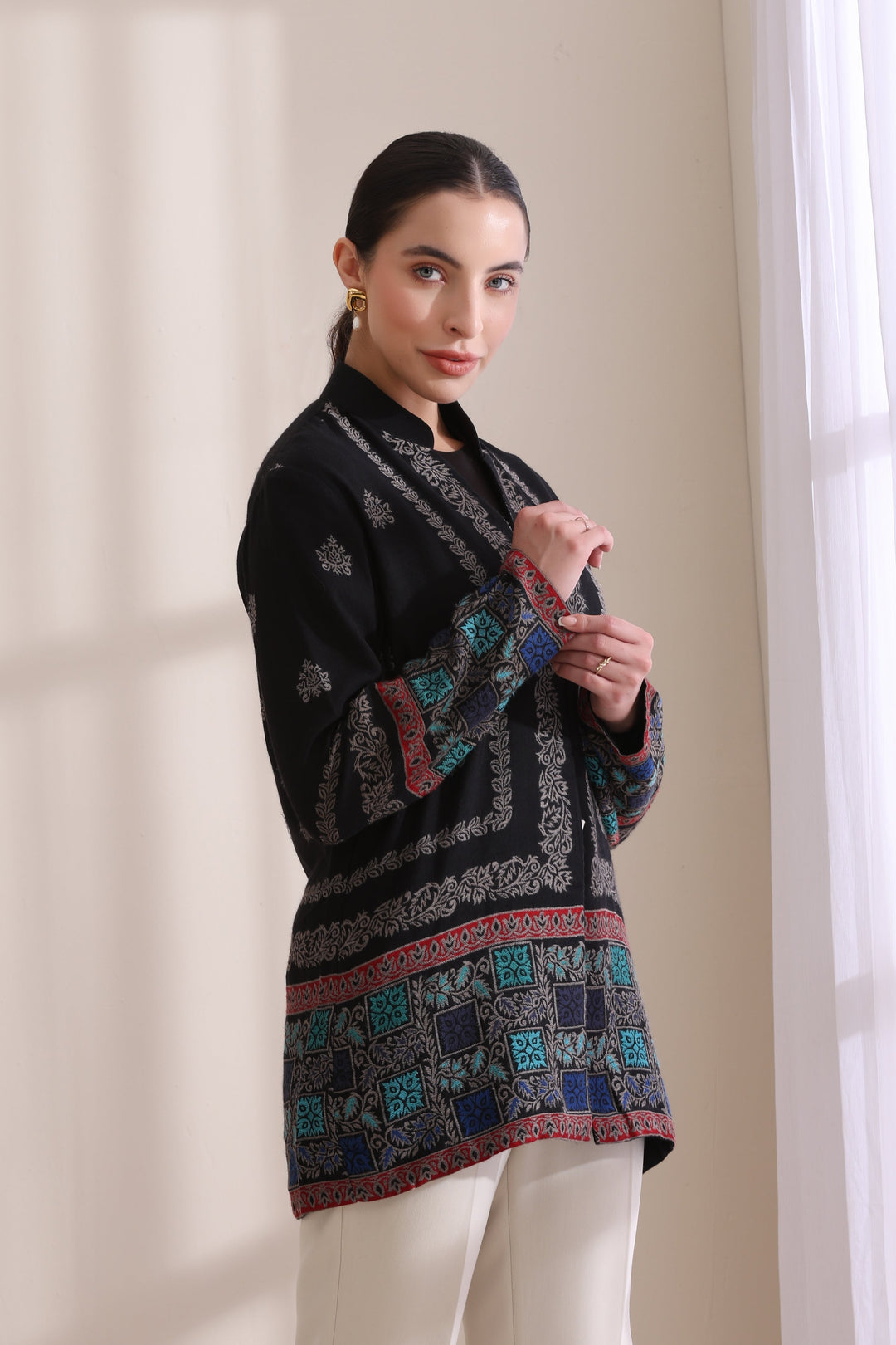 Quinn short jacket in Black Multi Cashmere Fine Wool | Made To Order