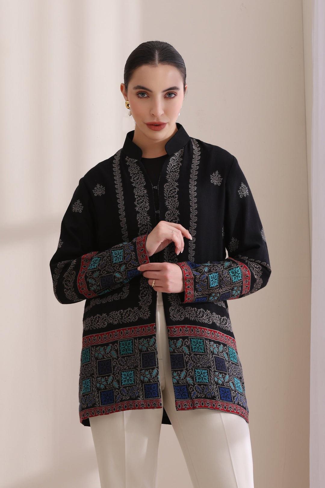 Quinn short jacket in Black Multi Cashmere Fine Wool | Made To Order