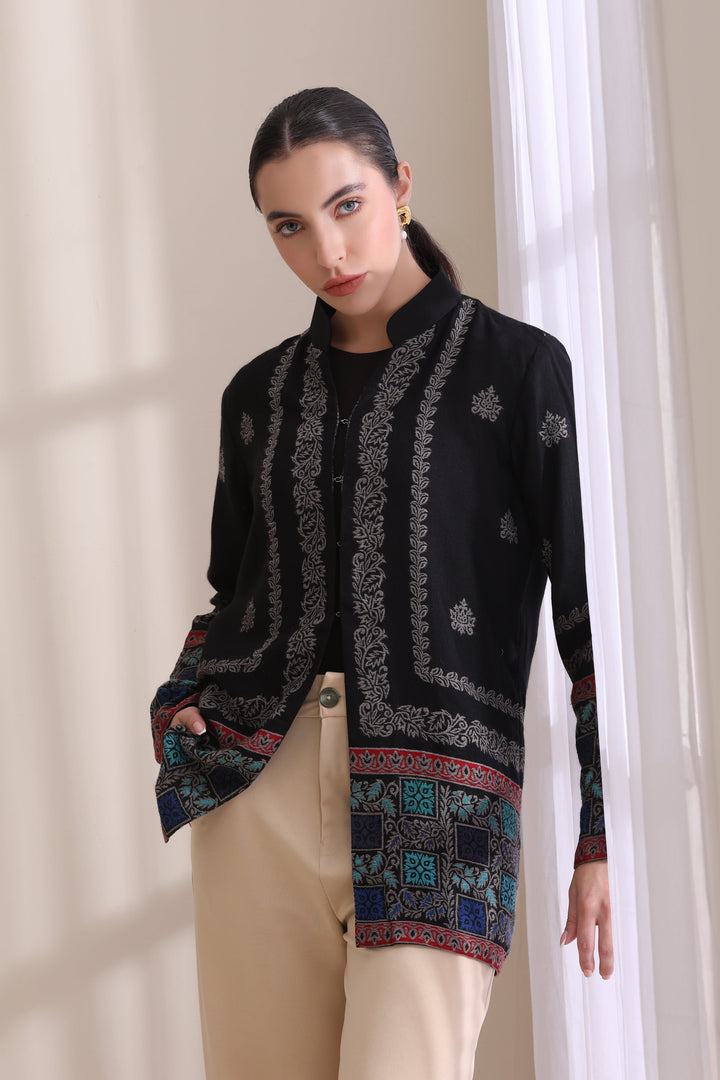 Quinn short jacket in Black Multi Cashmere Fine Wool | Made To Order